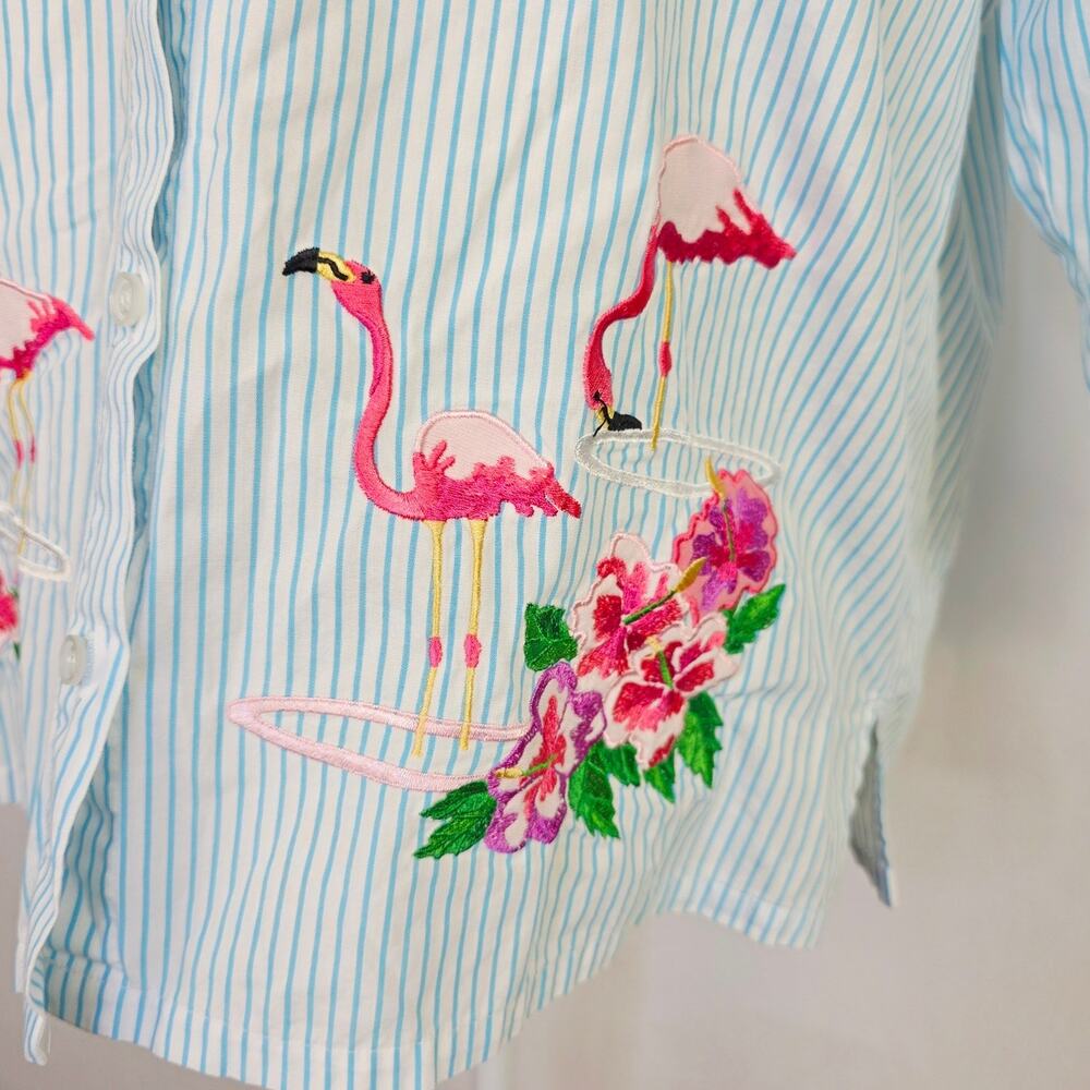 Bechamel Petite Blouse Button Up Medium Blue Stripe Flamingo Embroidery Tropical - Picture 5 of 11